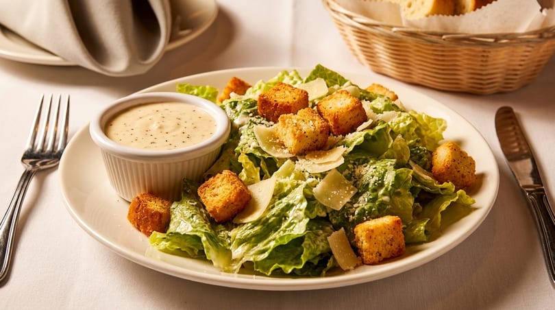 A Caesar salad with croutons, parmesan cheese, and a side of dressing on a white plate.