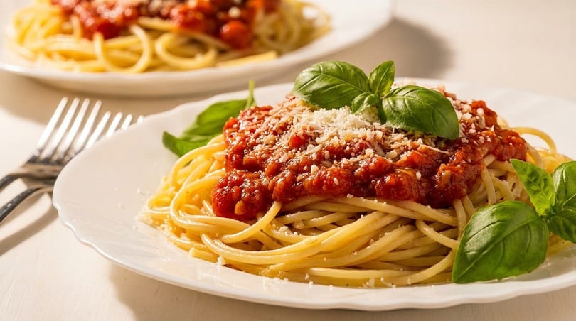 Two plates of spaghetti with red sauce, parmesan, and fresh basil, with a fork nearby.