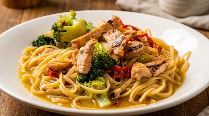 Linguine pasta with grilled chicken, broccoli, and sun-dried tomatoes in a light sauce.