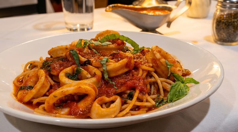 Spaghetti with calamari and tomato sauce, garnished with fresh basil, on a white plate.