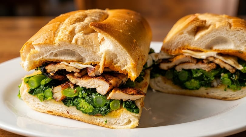 Two halves of a chicken and broccoli rabe sandwich on a white plate.