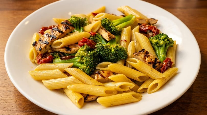 Penne pasta with grilled chicken, broccoli florets, and sun-dried tomatoes on a white plate.