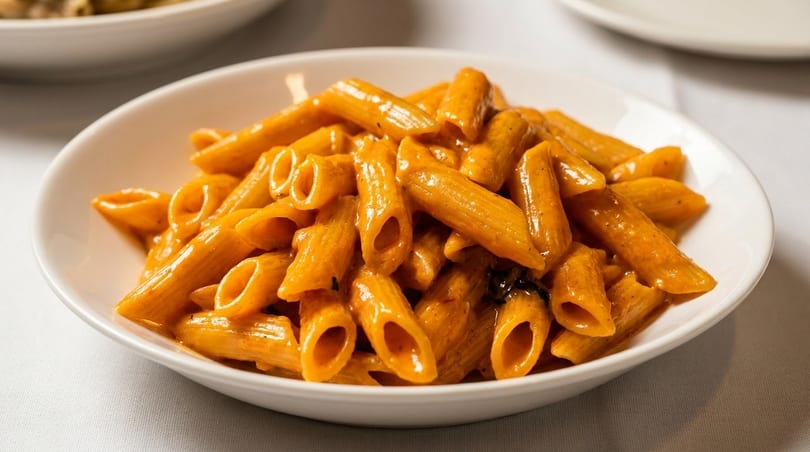 A white bowl filled with penne pasta coated in a creamy orange sauce, on a white tablecloth.
